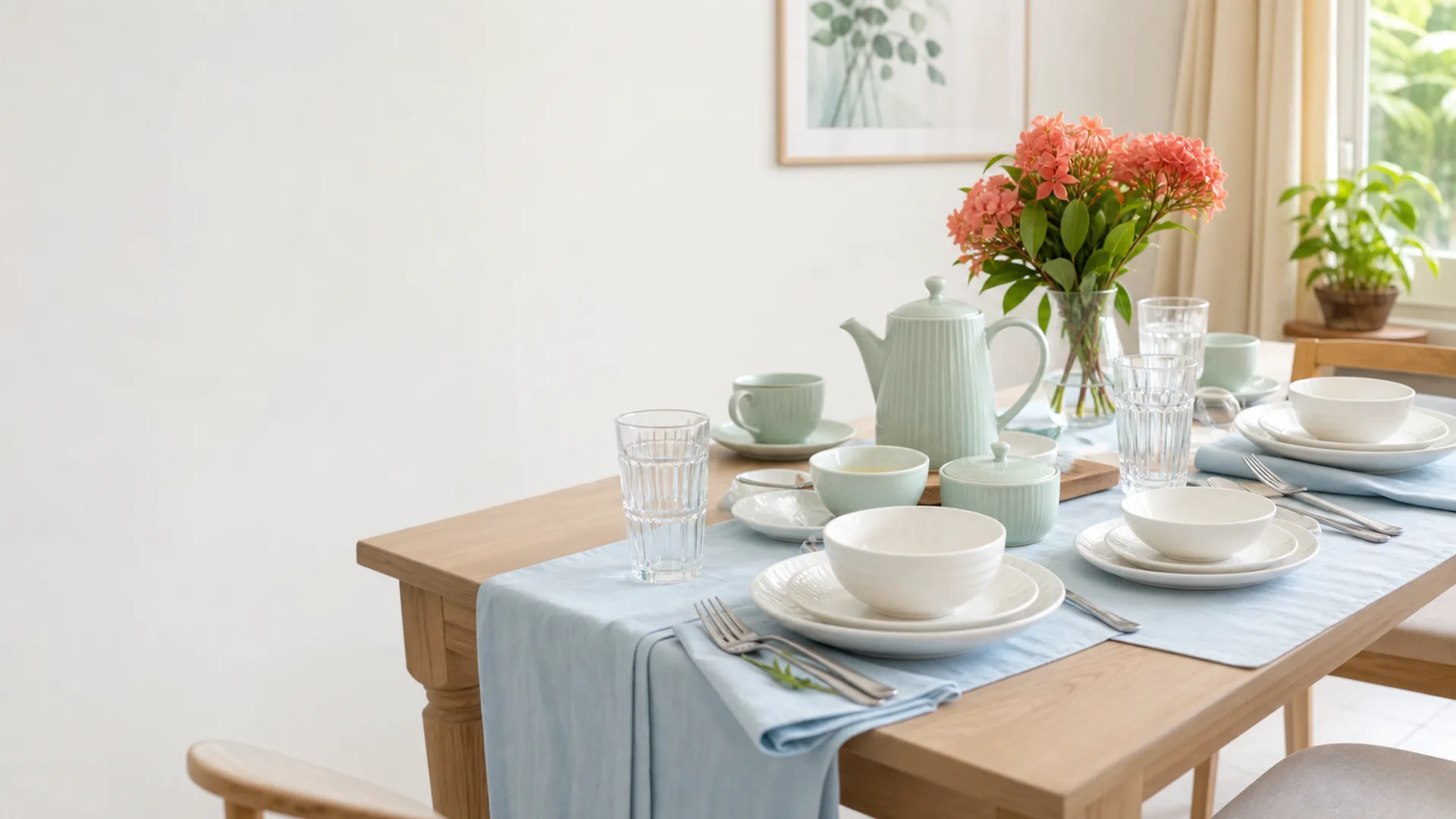 Elegant crockery and tableware arranged in a bright dining room