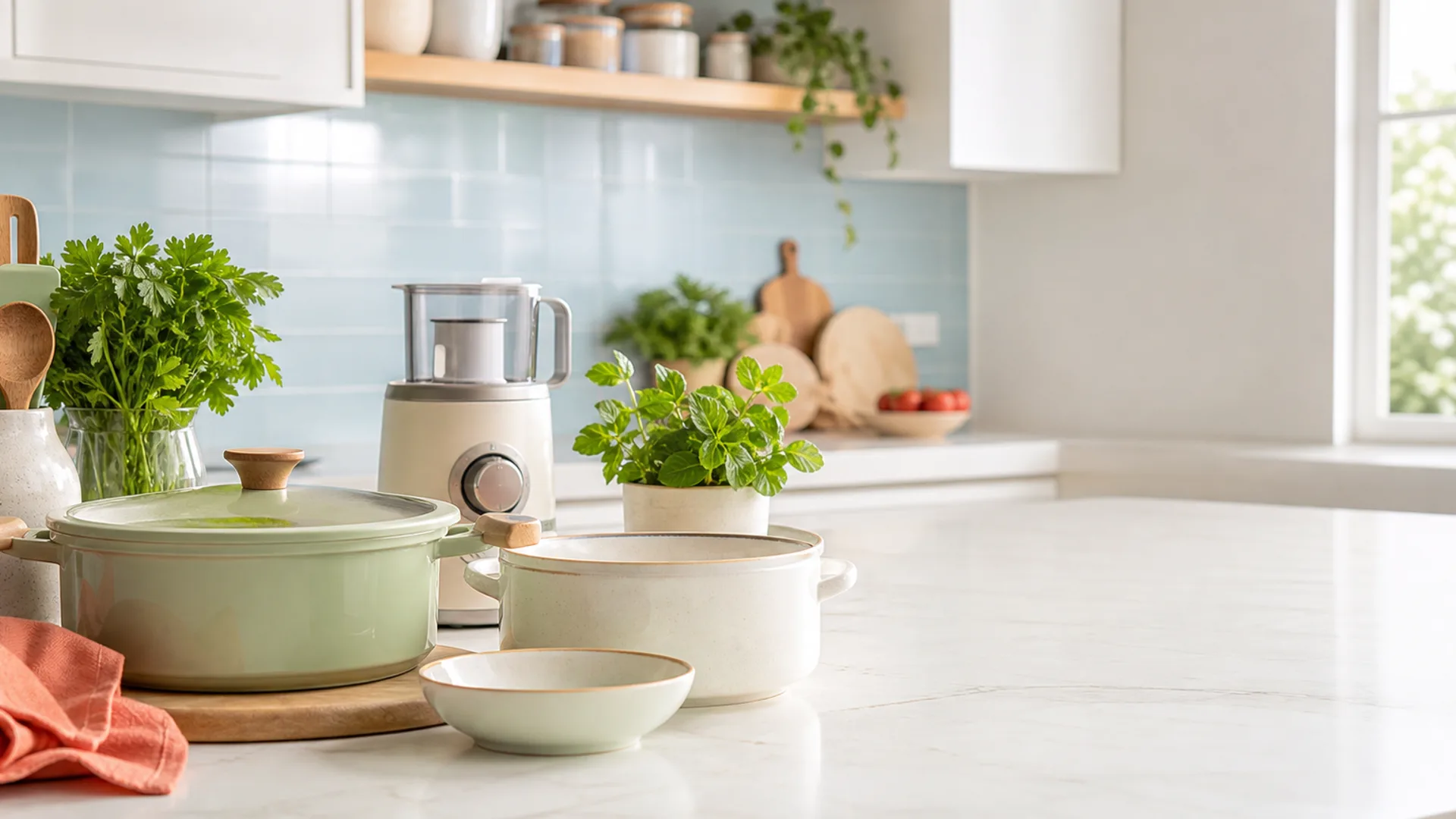 Modern kitchenware and home appliances in a bright kitchen
